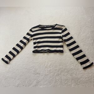 Zara Black White Striped Sweater Crop Top Long Sleeves Women's Size Small
